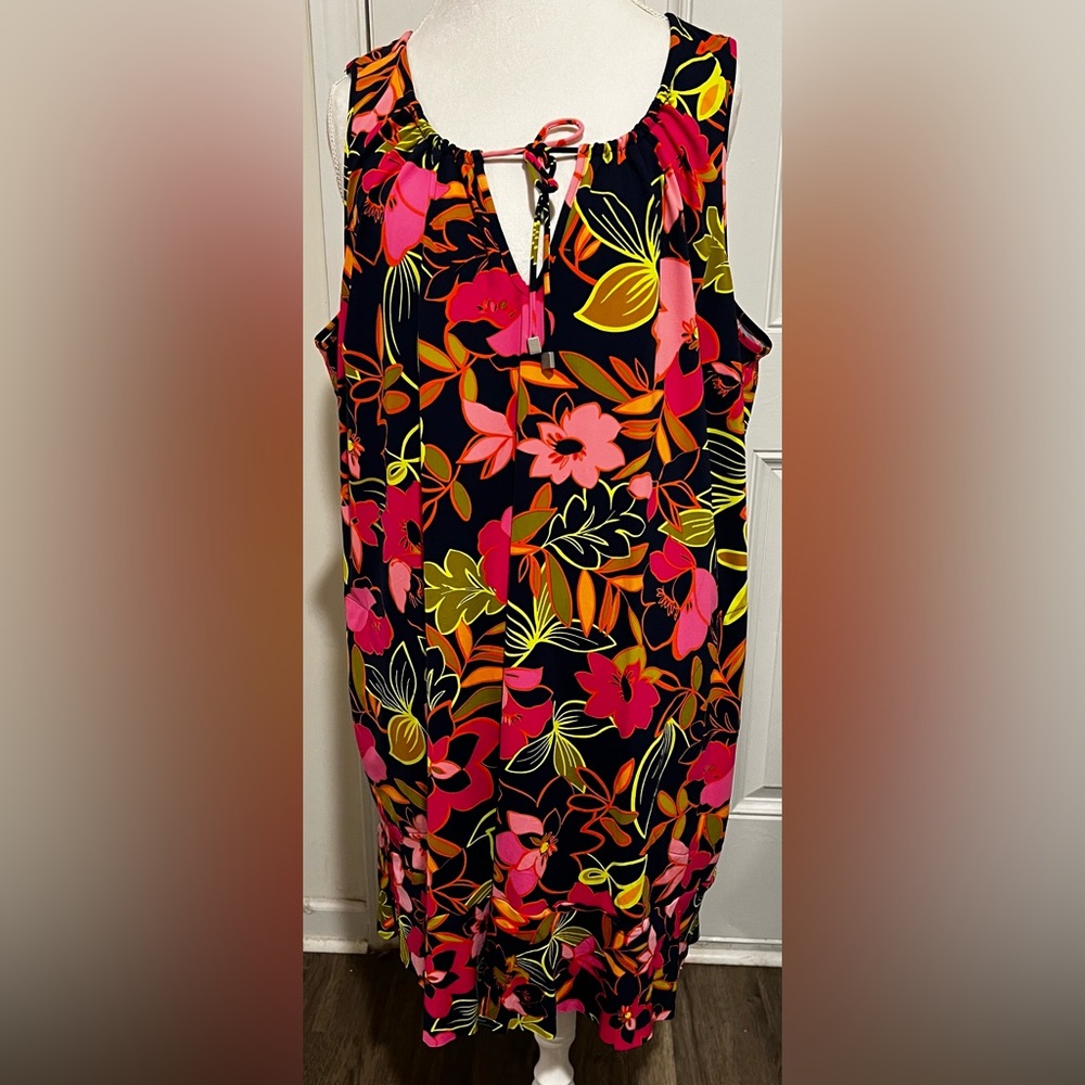 Lands' End Women’s Tropical Resort Wear Hibiscus Floral Dress Navy Pink Sz 2X